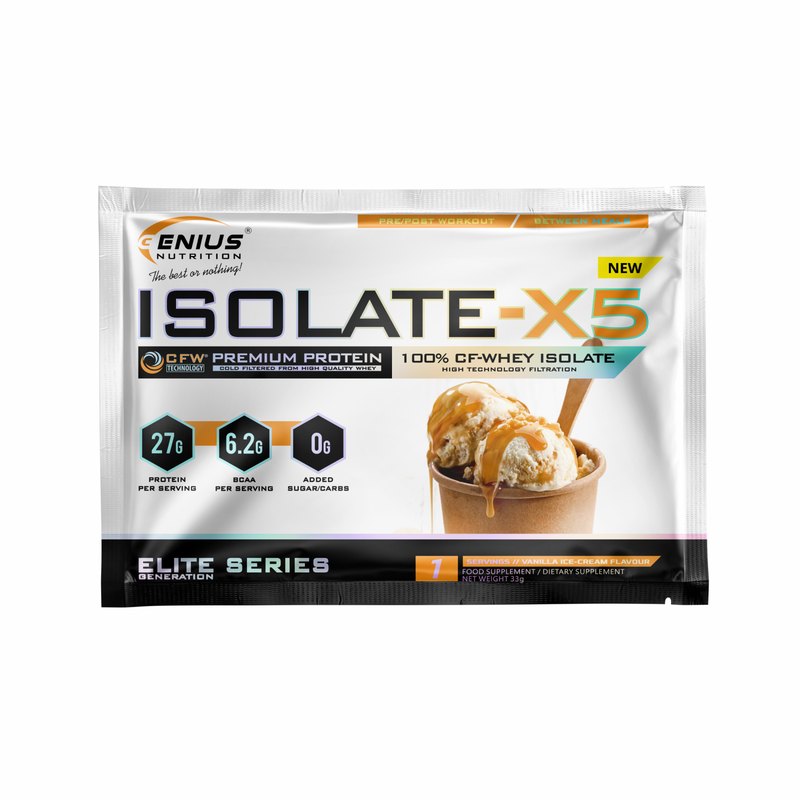 Load image into Gallery viewer, ISOLATE-X5 33g 1serv Genius Nutrition Vanilla Ice-Cream - Fast absorbing WPI supplement with low carb content and rich in BCAA, obtained through natural CFW® filtration.
