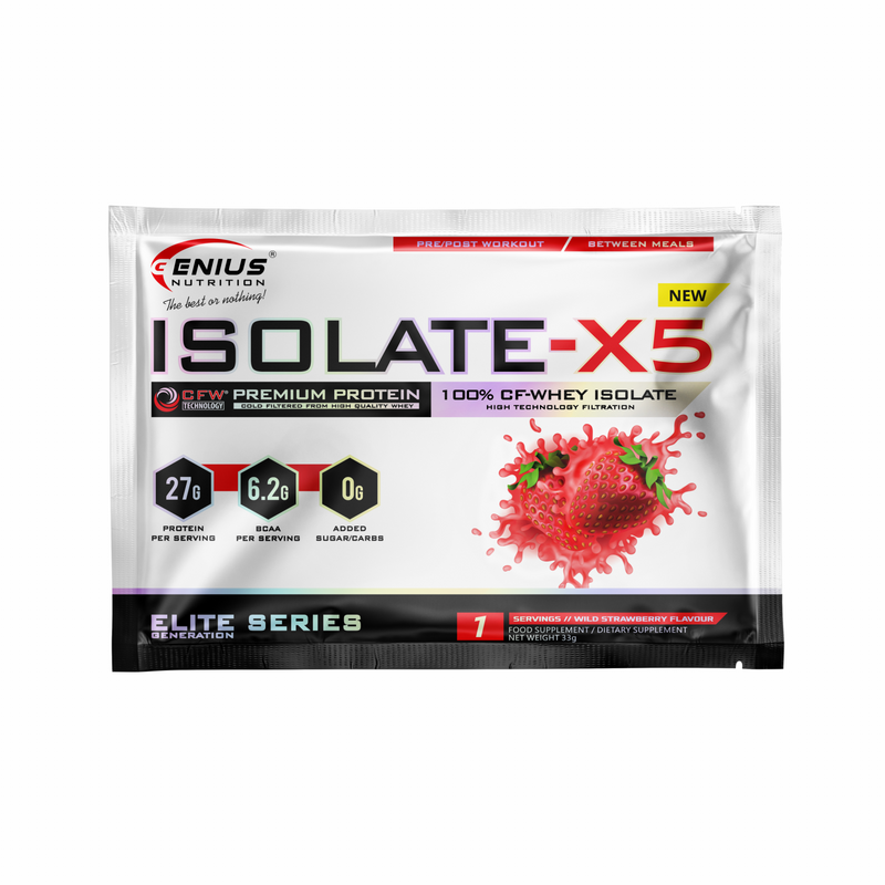 Load image into Gallery viewer, ISOLATE-X5 33g 1serv Genius Nutrition Wild Strawberry - Fast absorbing WPI supplement with low carb content and rich in BCAA, obtained through natural CFW® filtration.
