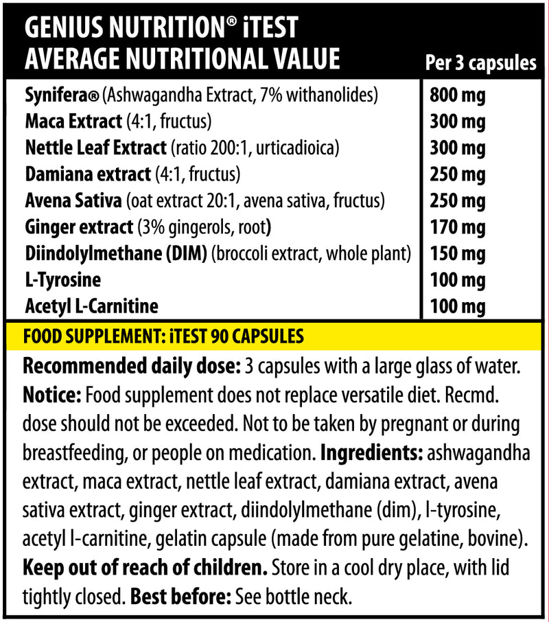 Load image into Gallery viewer, ITEST 90caps 30serv Genius Nutrition - Supplement designed to naturally support testosterone production, enhance libido and lower cortisol for improved health and hormonal balance.
