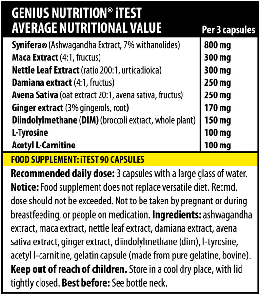 ITEST 90caps 30serv Genius Nutrition - Supplement designed to naturally support testosterone production, enhance libido and lower cortisol for improved health and hormonal balance.