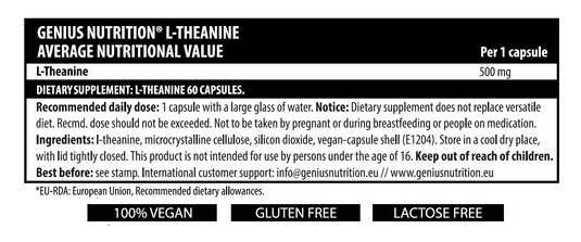 L-THEANINE 60caps 60serv Genius Nutrition - Natural phytochemical supplement that aids relaxation, enhances mood, boosts mental and physical performance, supports positive thinking and maintains emotional stability.