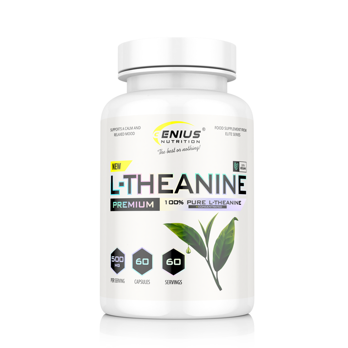 L-THEANINE 60caps 60serv Genius Nutrition - Natural phytochemical supplement that aids relaxation, enhances mood, boosts mental and physical performance, supports positive thinking and maintains emotional stability.