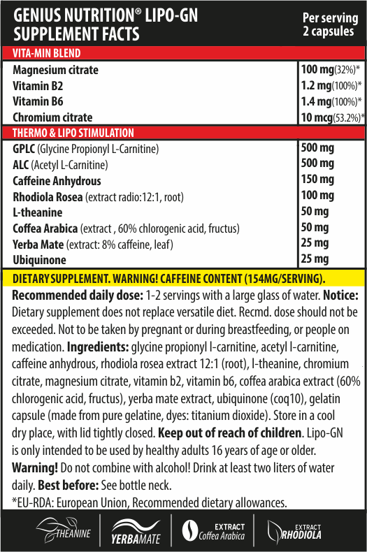 LIPO-GN 90caps 45serv Genius Nutrition - Thermogenic fat-burning supplement that boosts metabolism, enhances energy and focus fortified with vitamins and minerals.