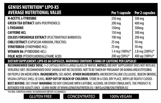 LIPO-X5 60caps 60serv Genius Nutrition - Thermogenic fat burner supplement that boosts metabolism, increases energy, focus levels and helps the body to burn more adipose cells at a higher rate. 