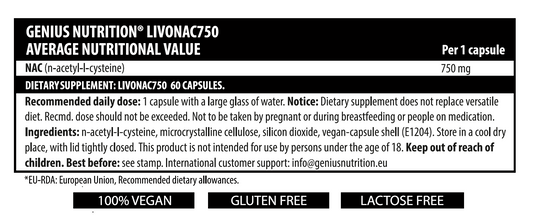 LIVONAC750 60caps 60serv Genius Nutrition - Glutathione precursor supplement focused on restoring liver and lung function while targeting toxin elimination from the liver, kidneys, lungs, and lymph.