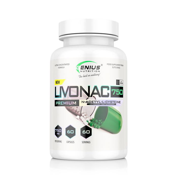 LIVONAC750 60caps 60serv Genius Nutrition - Glutathione precursor supplement focused on restoring liver and lung function while targeting toxin elimination from the liver, kidneys, lungs, and lymph.