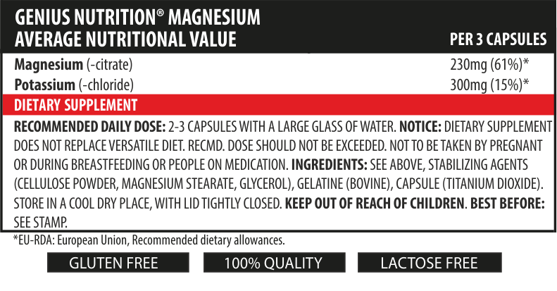 Load image into Gallery viewer, MAGNESIUM 90caps 30serv Genius Nutrition - Supplement with magnesium citrate and potassium, formulated to ensure the proper functioning of the heart and central nervous system, while reducing muscle cramps and fatigue.
