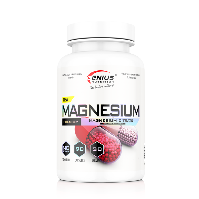 MAGNESIUM 90caps 30serv Genius Nutrition - Supplement with magnesium citrate and potassium, formulated to ensure the proper functioning of the heart and central nervous system, while reducing muscle cramps and fatigue.