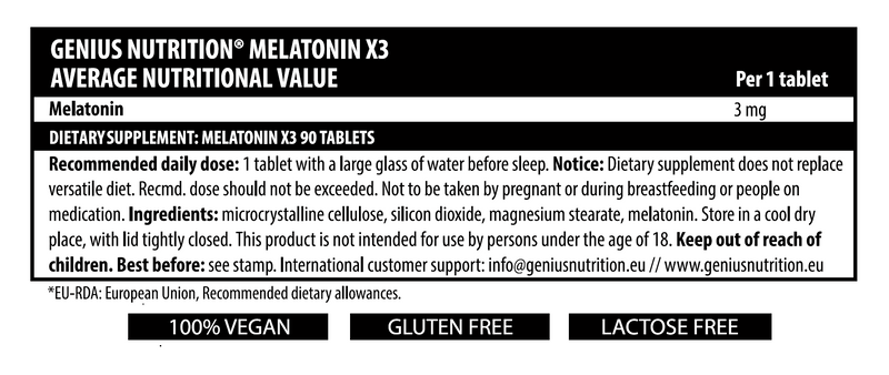 Load image into Gallery viewer, MELATONIN-X3 90tabs 90serv Genius Nutrition - Melatonin supplement designed to improve sleep quality and regulate the circadian rhythm.
