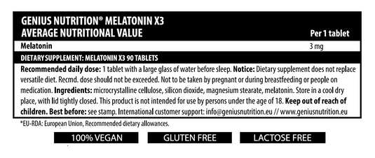 MELATONIN-X3 90tabs 90serv Genius Nutrition - Melatonin supplement designed to improve sleep quality and regulate the circadian rhythm.