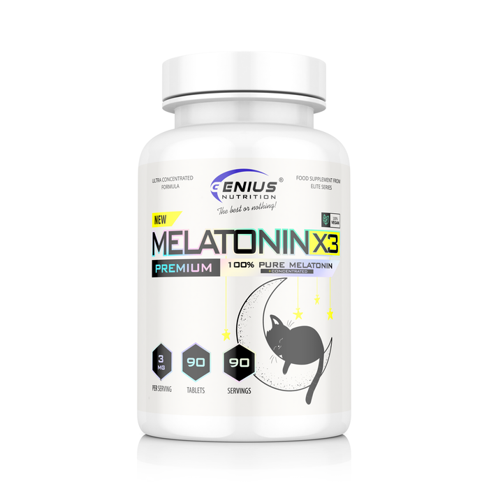 MELATONIN-X3 90tabs 90serv Genius Nutrition - Melatonin supplement designed to improve sleep quality and regulate the circadian rhythm.