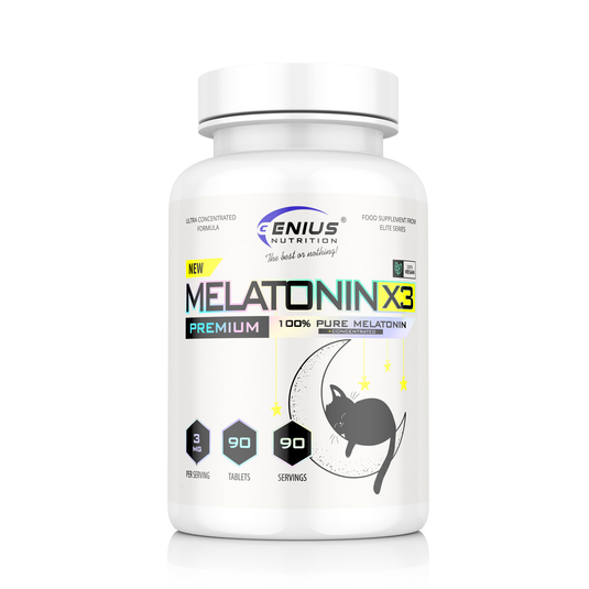 MELATONIN-X3 90tabs 90serv Genius Nutrition - Melatonin supplement designed to improve sleep quality and regulate the circadian rhythm.