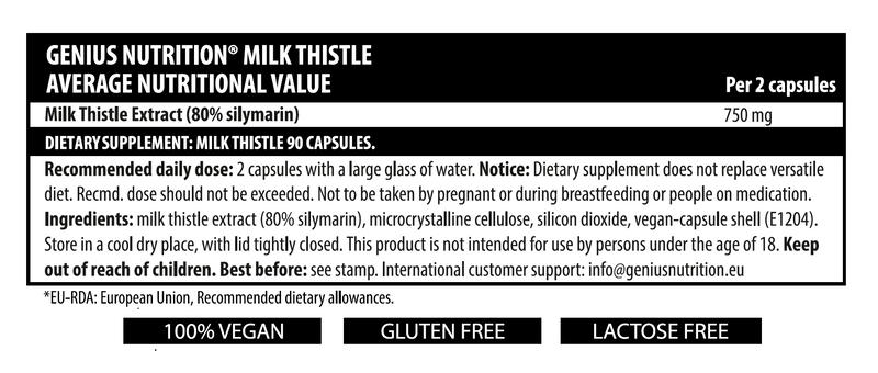 Load image into Gallery viewer, MILK THISTLE 90 caps 45 serv Genius Nutrition - Silymarin supplement formulated to enhance liver health and aid in detoxifying the body.
