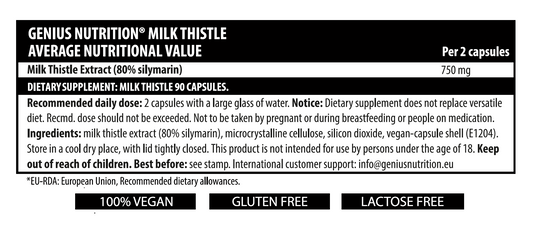 MILK THISTLE 90 caps 45 serv Genius Nutrition - Silymarin supplement formulated to enhance liver health and aid in detoxifying the body.