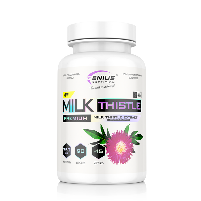 MILK THISTLE 90 caps 45 serv Genius Nutrition - Silymarin supplement formulated to enhance liver health and aid in detoxifying the body.