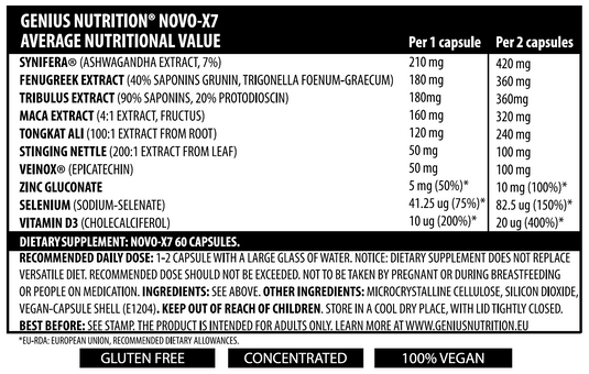 NOVO-X7 60caps 60serv Genius Nutrition - Complete formula supplement designed to improve physical performance, decrease body fat and boost testosterone.