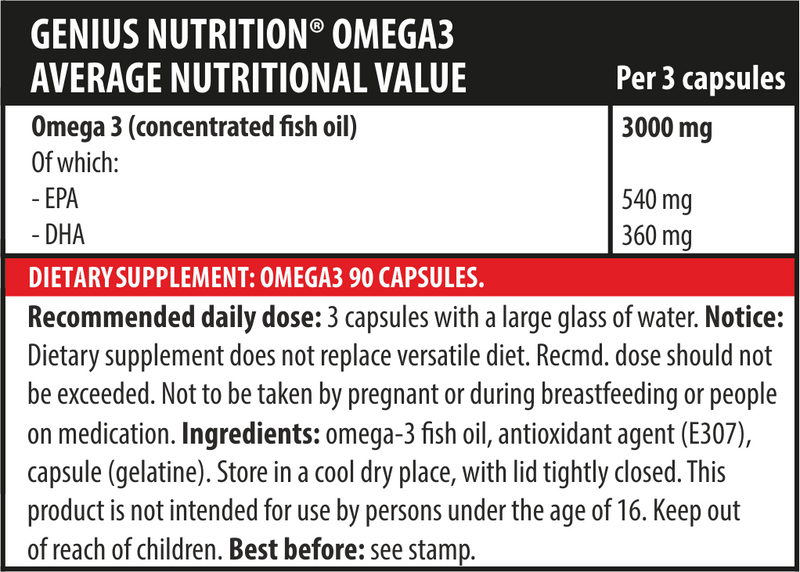 Load image into Gallery viewer, OMEGA-3 90softgels 30serv Genius Nutrition - Omega-3 supplement that supports cardiovascular health, brain function and joint health.
