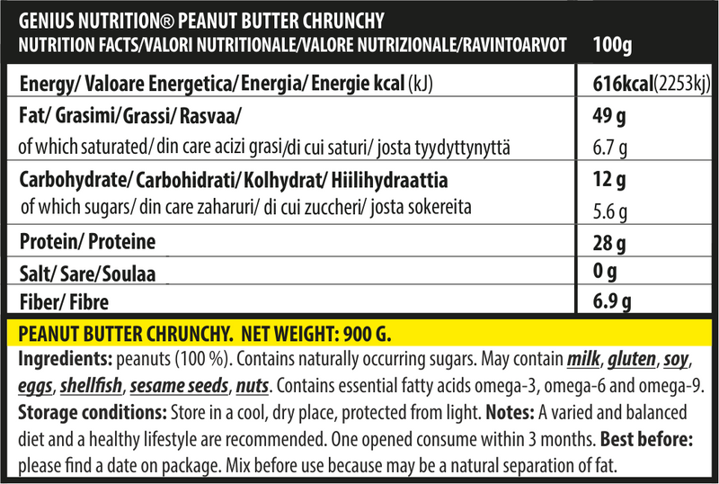 Load image into Gallery viewer, PEANUT BUTTER FITNESS 900g Genius Nutrition Crunchy - Pure, crunchy natural peanut butter, rich in healthy fats and protein, perfect for a nutritious snack.
