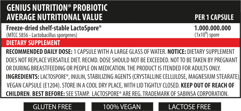 Load image into Gallery viewer, PROBIOTIC 60caps 60serv Genius Nutrition - LactoSpore® probiotic supplement for digestive health and balanced gut flora.
