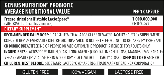 PROBIOTIC 60caps 60serv Genius Nutrition - LactoSpore® probiotic supplement for digestive health and balanced gut flora.