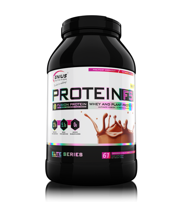 PROTEIN-F5 2000g 61serv Genius Nutrition Milky Chocolate - Protein supplement with a blend of five proteins: whey concentrate, milk, soy, egg, and pea, designed for recovery and muscle growth.