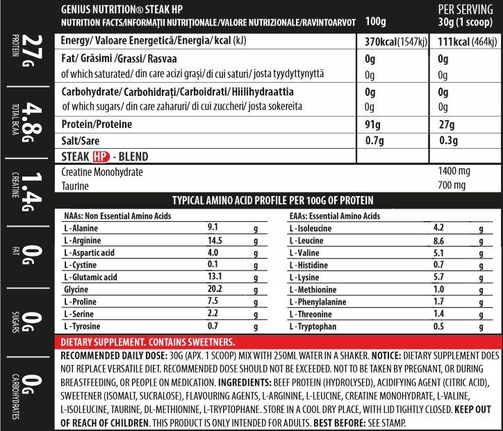 Load image into Gallery viewer, STEAK-HP 750g 25 serv Genius Nutrition Red Apple - Lactose-free beef protein supplement with creatine monohydrate for muscle growth and physical performance without digestive discomfort.
