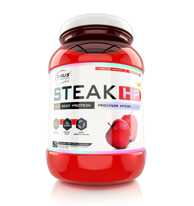 STEAK-HP 750g 25 serv Genius Nutrition Red Apple - Lactose-free beef protein supplement with creatine monohydrate for muscle growth and physical performance without digestive discomfort.
