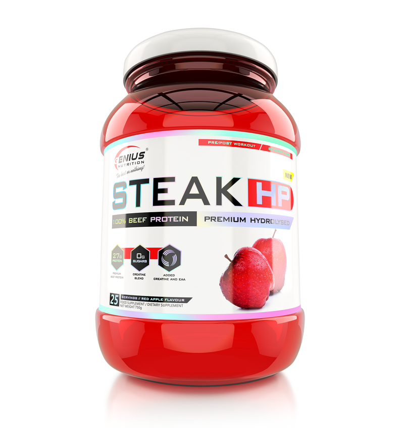 Load image into Gallery viewer, STEAK-HP 750g 25 serv Genius Nutrition Red Apple - Lactose-free beef protein supplement with creatine monohydrate for muscle growth and physical performance without digestive discomfort.
