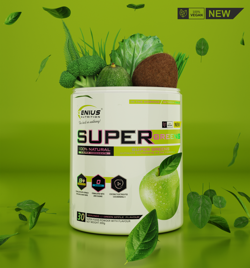 Load image into Gallery viewer, SUPER GREENS 300g 30 serv Genius Nutrition Green Apple - Nutrient rich greens supplement with micronutrients and antioxidants ideal for improving health and boosting energy levels.
