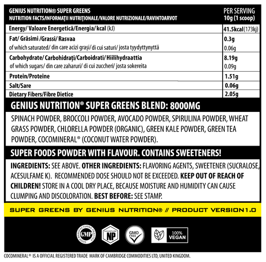 SUPER GREENS 300g 30 serv Genius Nutrition Green Apple - Nutrient rich greens supplement with micronutrients and antioxidants ideal for improving health and boosting energy levels.