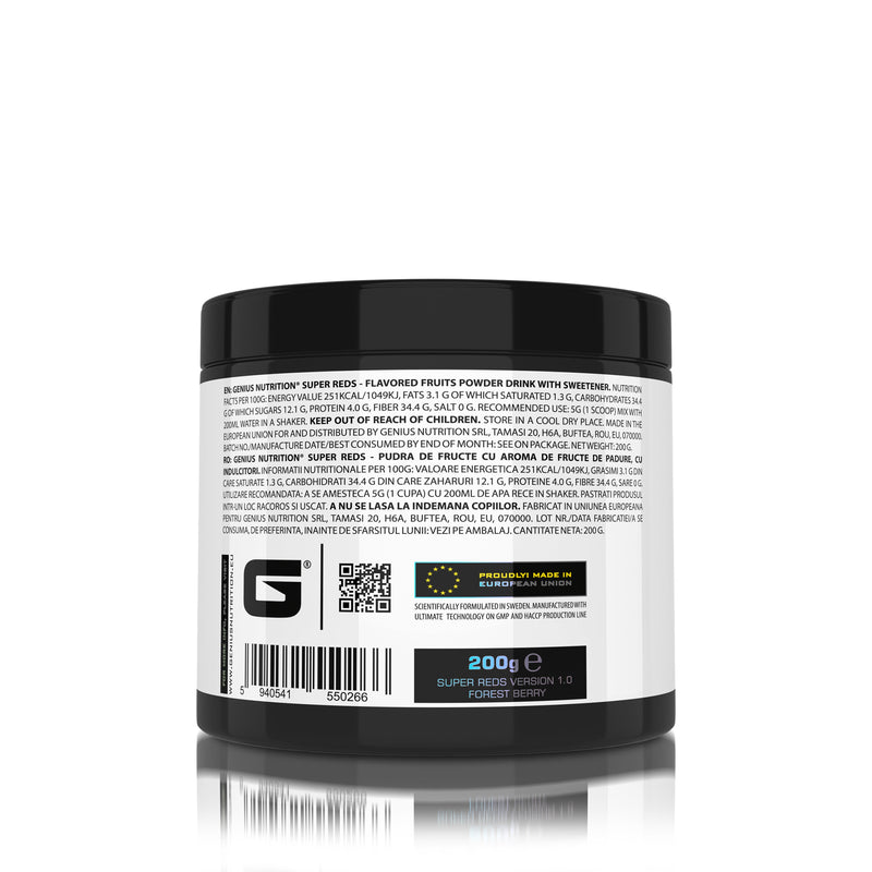 Load image into Gallery viewer, SUPER REDS 200g 40serv Genius Nutrition Forest Berry - Supplement rich in micronutrients and antioxidants designed to improve health, boost energy levels, support the immune system, and promote a healthy heart and radiant skin.
