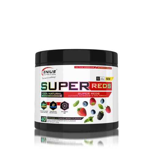 SUPER REDS 200g 40serv Genius Nutrition Forest Berry - Supplement rich in micronutrients and antioxidants designed to improve health, boost energy levels, support the immune system, and promote a healthy heart and radiant skin.