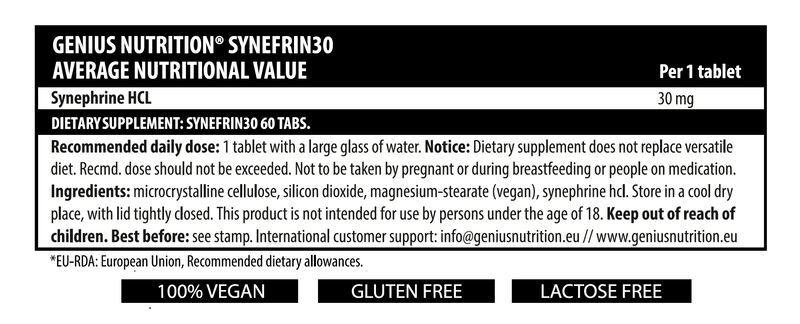 Load image into Gallery viewer, SYNEFRIN30 60tabs 60serv Genius Nutrition - Natural thermogenic supplement derived from bitter orange aimed at promoting fat loss, boosting metabolism, reducing excess water retention and curbing appetite.
