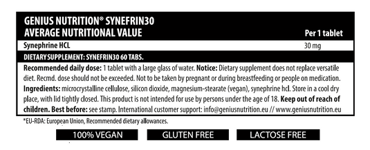 SYNEFRIN30 60tabs 60serv Genius Nutrition - Natural thermogenic supplement derived from bitter orange aimed at promoting fat loss, boosting metabolism, reducing excess water retention and curbing appetite.