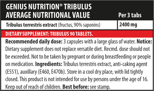 TRIBULUS 90tabs 30serv Genius Nutrition - Supplement that naturally promotes testosterone production, optimizes the hormonal system, supports metabolism and boosts libido enhancing both physical and sexual performance.