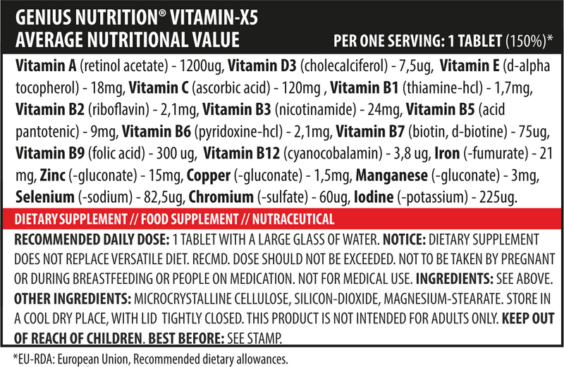 Load image into Gallery viewer, VITAMIN-X5 120tabs 120serv Genius Nutrition - Vitamin and mineral complex that enhances immunity, energy, bone health, skin, and cardiovascular health providing comprehensive support for overall well-being.
