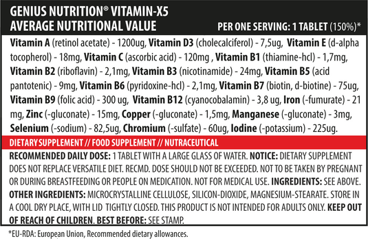 VITAMIN-X5 120tabs 120serv Genius Nutrition - Vitamin and mineral complex that enhances immunity, energy, bone health, skin, and cardiovascular health providing comprehensive support for overall well-being.