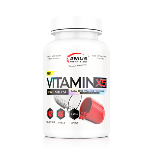 VITAMIN-X5 120tabs 120serv Genius Nutrition - Vitamin and mineral complex that enhances immunity, energy, bone health, skin, and cardiovascular health providing comprehensive support for overall well-being.