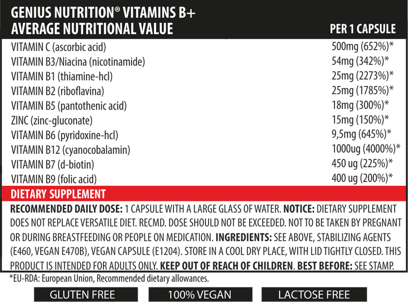 Load image into Gallery viewer, VITAMINSB+ 60caps 60serv Genius Nutrition - Vitamin B complex supplement that supports energy production, enhances metabolism, helps manage stress, fatigue and overall well-being.
