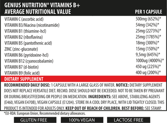 VITAMINSB+ 60caps 60serv Genius Nutrition - Vitamin B complex supplement that supports energy production, enhances metabolism, helps manage stress, fatigue and overall well-being.