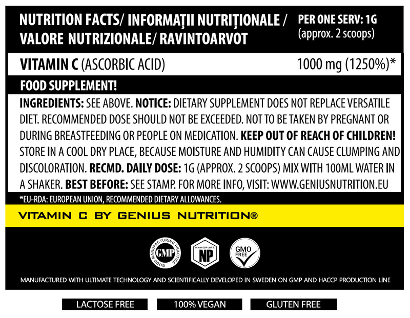 Load image into Gallery viewer, VITAMIN C 200g 200serv Genius Nutrition Unflavored - Vitamin C supplement that supports thyroid hormone production, promotes healthy blood vessel function and provides effective defense against the flu.
