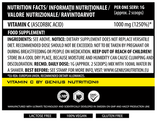 VITAMIN C 200g 200serv Genius Nutrition Unflavored - Vitamin C supplement that supports thyroid hormone production, promotes healthy blood vessel function and provides effective defense against the flu.