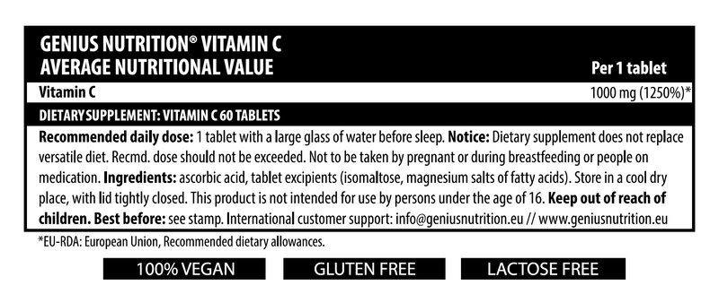 Load image into Gallery viewer, VITAMIN C 60tabs 60serv Genius Nutrition - Vegan vitamin C supplement that helps protect cells from oxidative stress, supports immune health, and aids in collagen formation.
