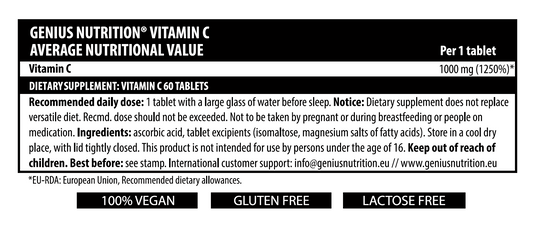 VITAMIN C 60tabs 60serv Genius Nutrition - Vegan vitamin C supplement that helps protect cells from oxidative stress, supports immune health, and aids in collagen formation.