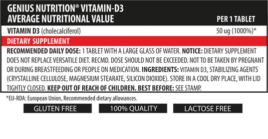 VITAMIN D3 90tabs 90serv Genius Nutrition - Essential vitamin D3 supplement for bone, teeth, and muscle health, strengthening the immune system and helping protect against infections, commonly known as the 