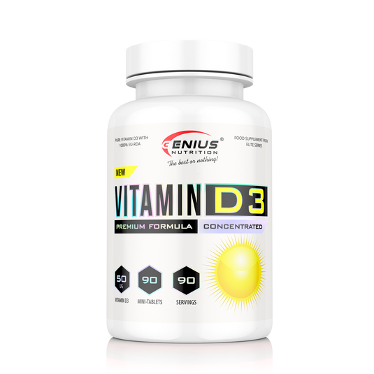 VITAMIN D3 90tabs 90serv Genius Nutrition - Essential vitamin D3 supplement for bone, teeth, and muscle health, strengthening the immune system and helping protect against infections, commonly known as the 