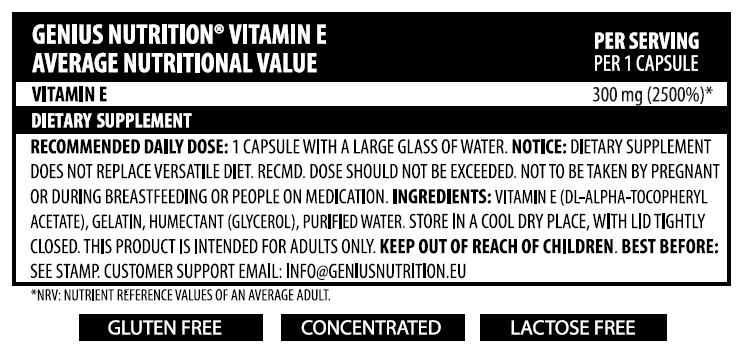 Load image into Gallery viewer, VITAMIN E 60liquid caps 60serv Genius Nutrition - Antioxidant supplement that protects the body from free radicals, supports skin, eye, and immune health, and helps prevent blood clots.
