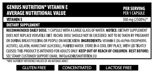 VITAMIN E 60liquid caps 60serv Genius Nutrition - Antioxidant supplement that protects the body from free radicals, supports skin, eye, and immune health, and helps prevent blood clots.