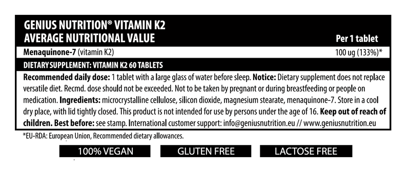 Load image into Gallery viewer, VITAMIN K2 60tabs 60serv Genius Nutrition - Supplement that protects the cardiovascular system by preventing artery calcification and supporting bone density.
