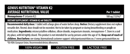 VITAMIN K2 60tabs 60serv Genius Nutrition - Supplement that protects the cardiovascular system by preventing artery calcification and supporting bone density.